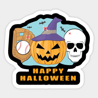 Happy Baseball Halloween - Spooky Skull and Pumpkin Sticker